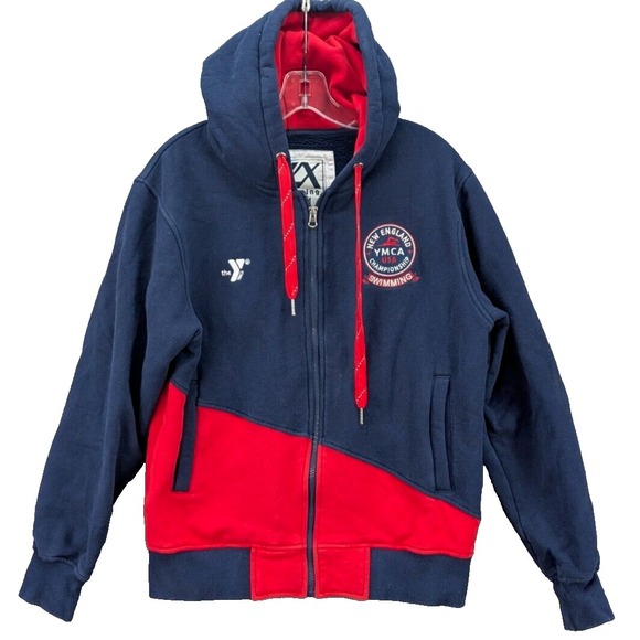 YMCA Championship Swimming Hoodie Mens M Navy Red Zip-Up New England Activewear - Picture 1 of 13